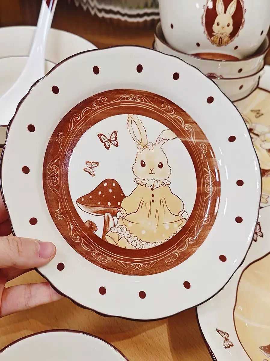 Elegant Cartoon Bunny Ceramic Bowl & Plate Set