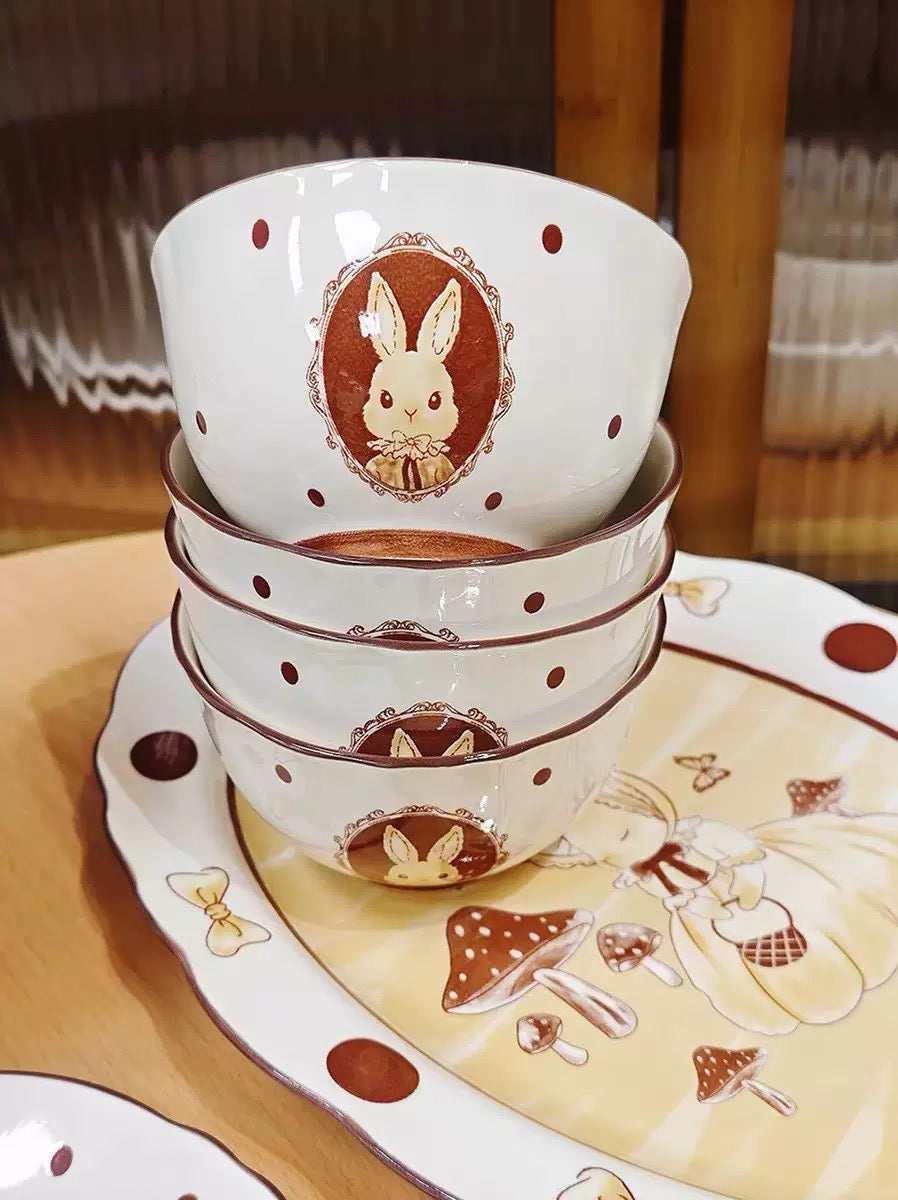 Elegant Cartoon Bunny Ceramic Bowl & Plate Set