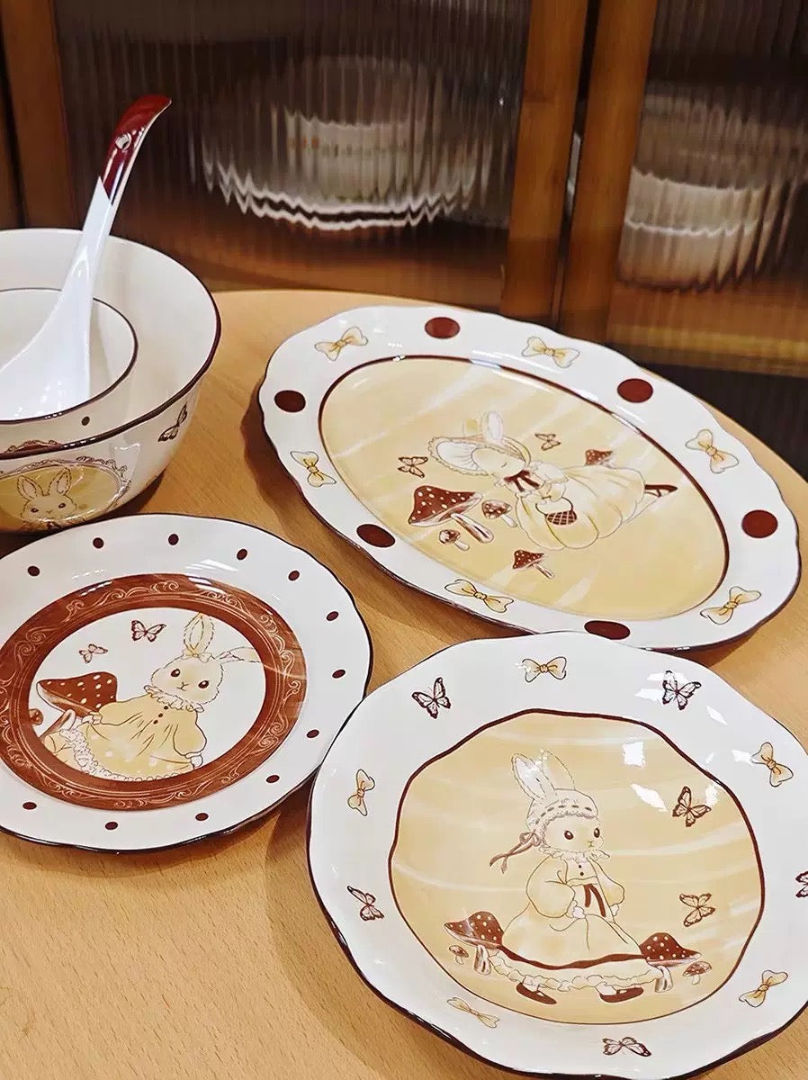 Elegant Cartoon Bunny Ceramic Bowl & Plate Set