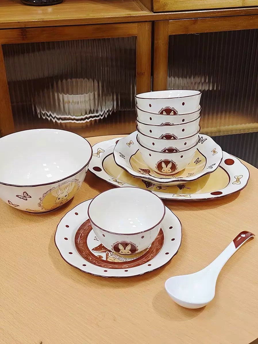 Elegant Cartoon Bunny Ceramic Bowl & Plate Set