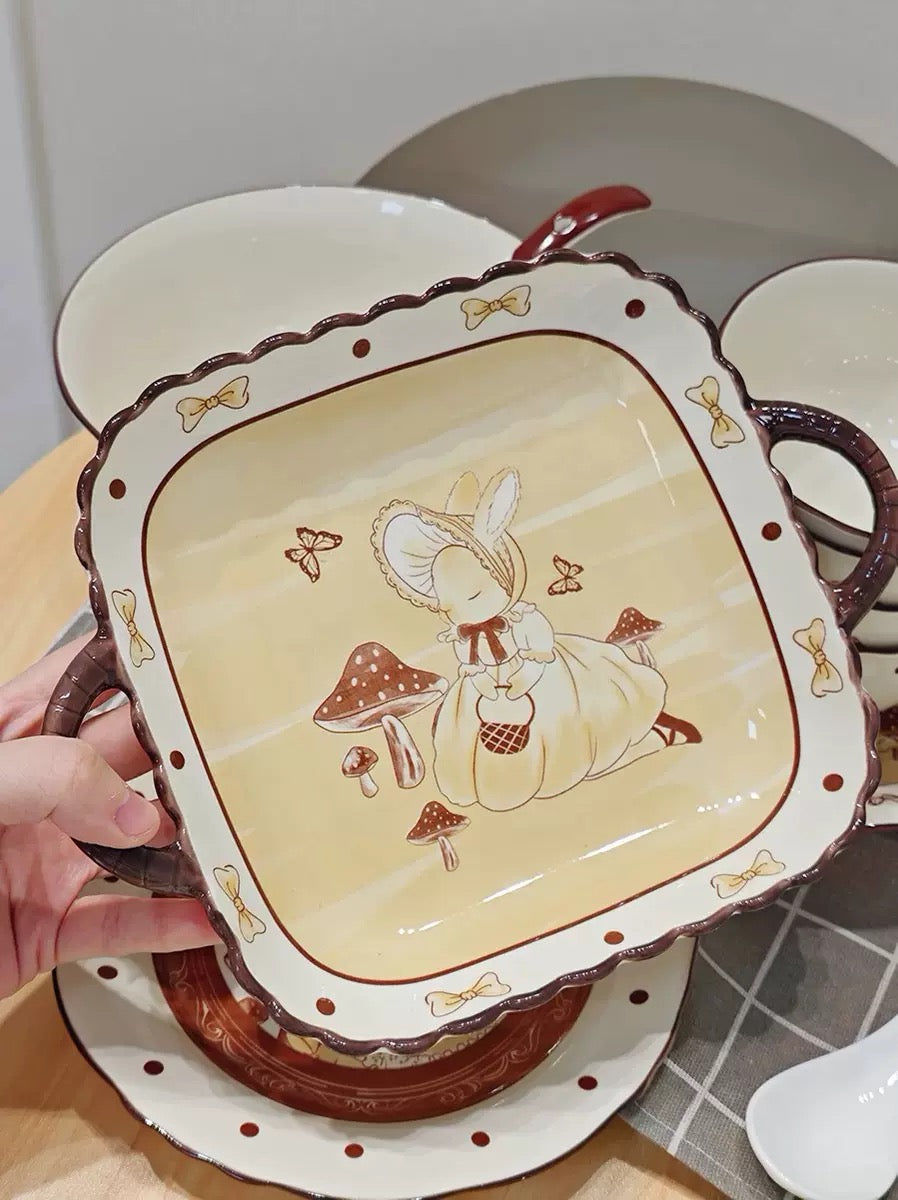 Elegant Cartoon Bunny Ceramic Bowl & Plate Set