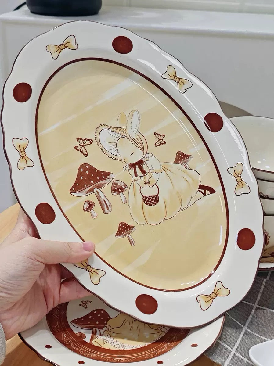 Elegant Cartoon Bunny Ceramic Bowl & Plate Set