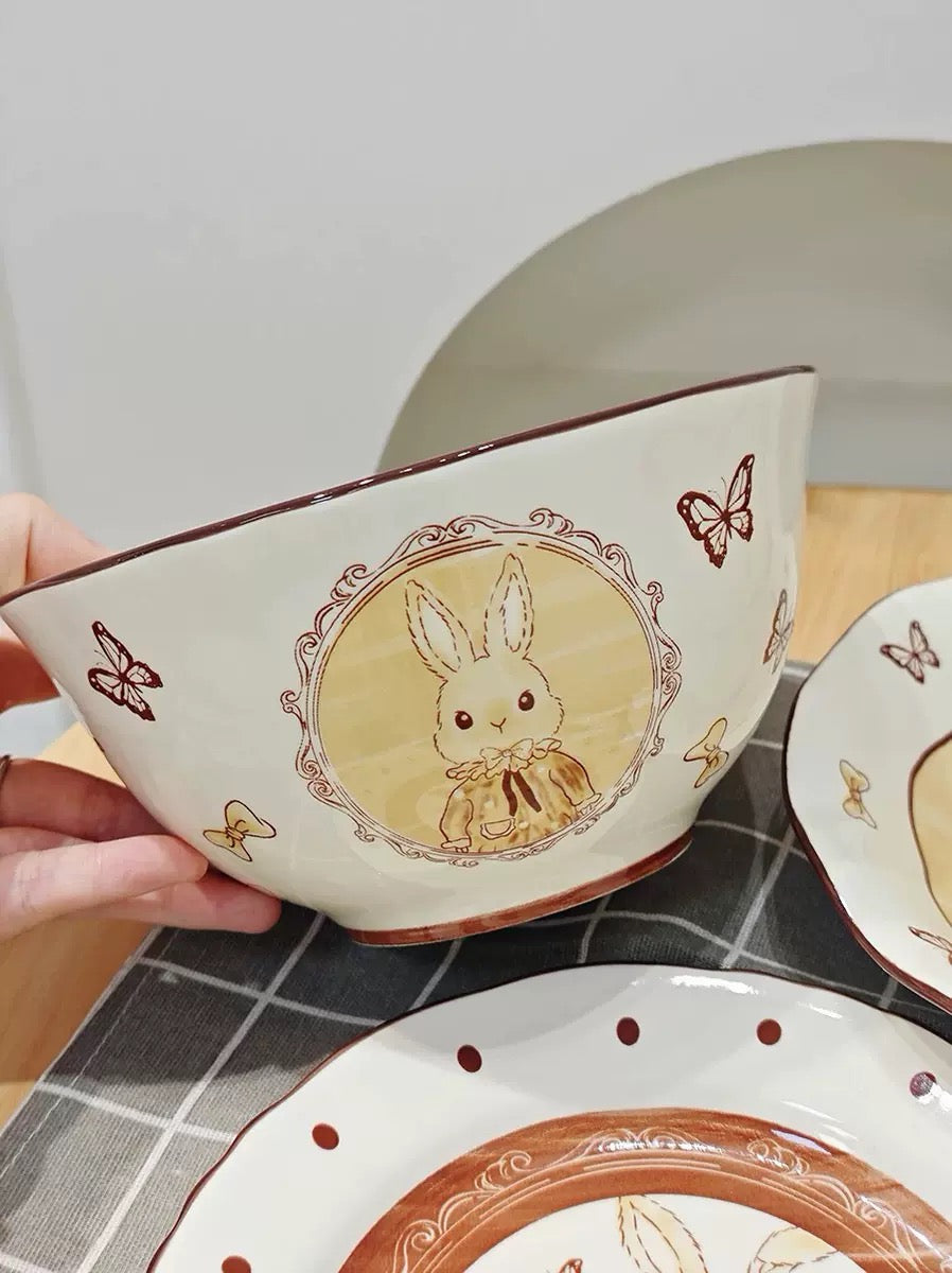 Elegant Cartoon Bunny Ceramic Bowl & Plate Set