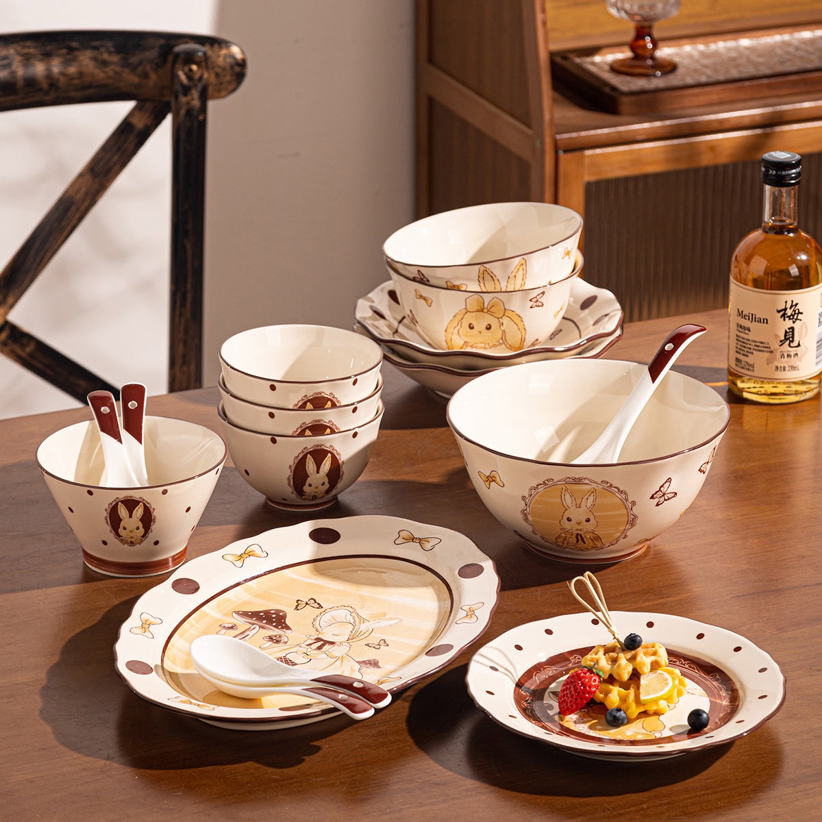 Elegant Cartoon Bunny Ceramic Bowl & Plate Set