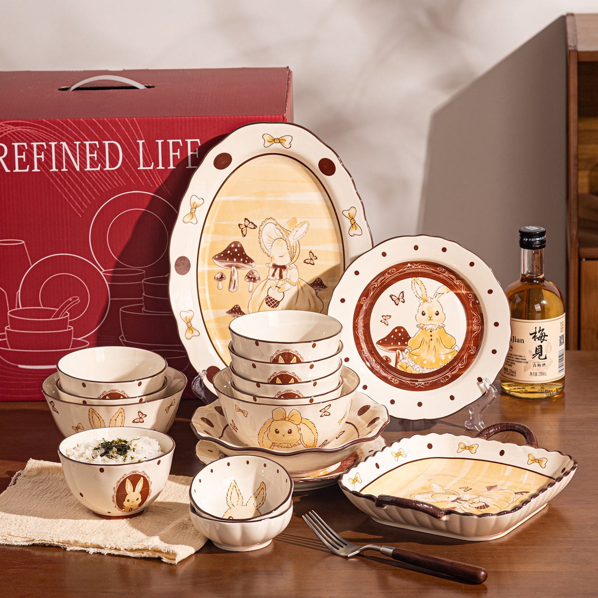 Elegant Cartoon Bunny Ceramic Bowl & Plate Set