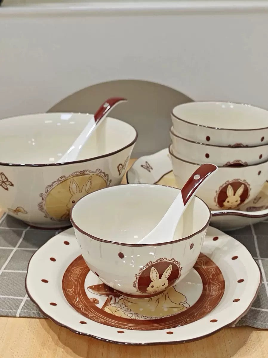 Elegant Cartoon Bunny Ceramic Bowl & Plate Set