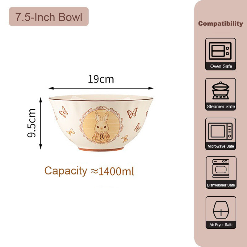 Elegant Cartoon Bunny Ceramic Bowl & Plate Set